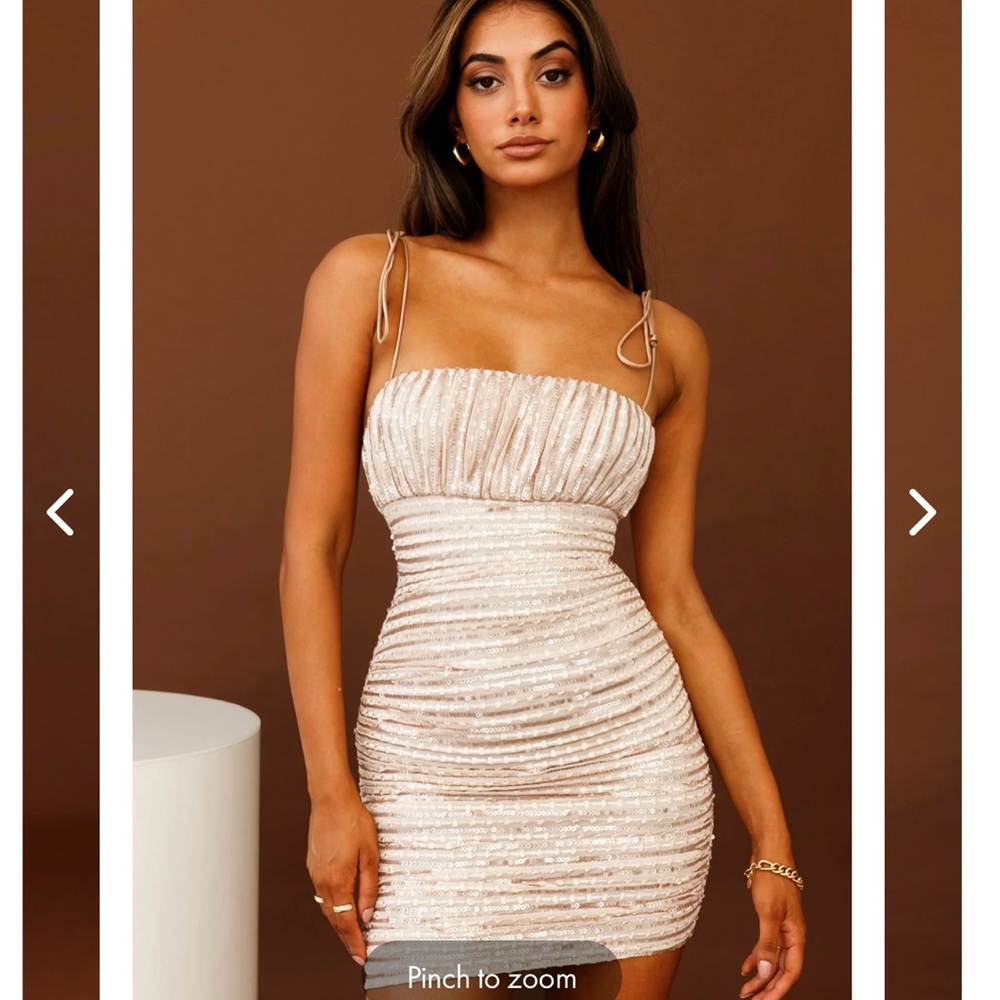 Brand New DISCO DOLL TIED SHOULDER SEQUIN MINI DRESS CHAMPAGNE